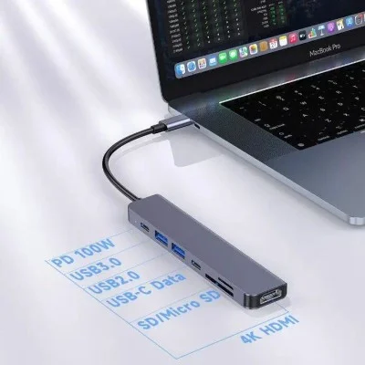 Porodo Blue 7 Ports Usb-C Hub 4K Hdmi & Dual Usb-C